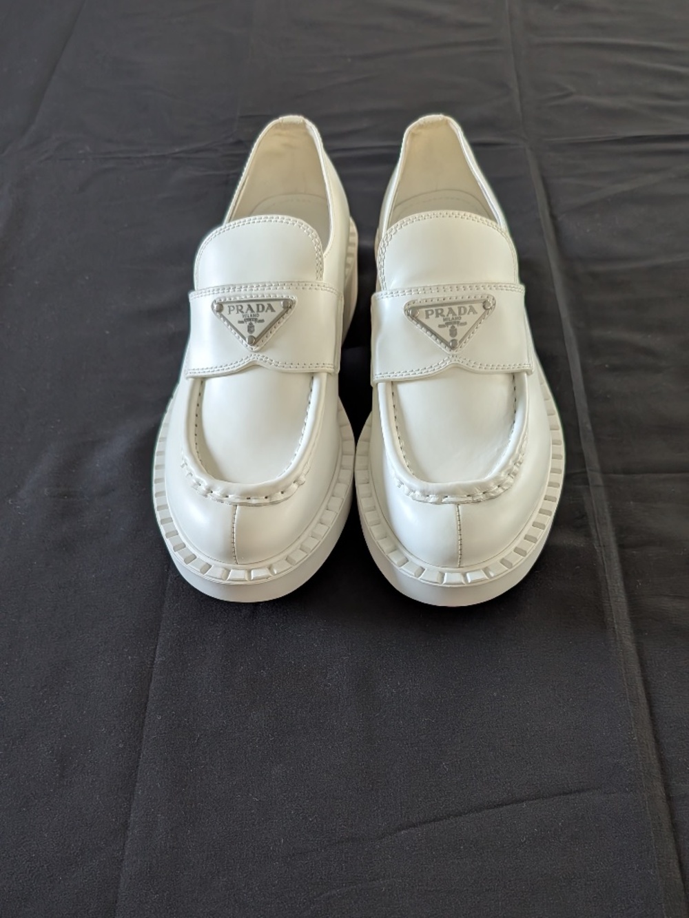 Prada Triangle Logo Chunky Platform Loafers White Spazzolato Leather EU 37 US 7